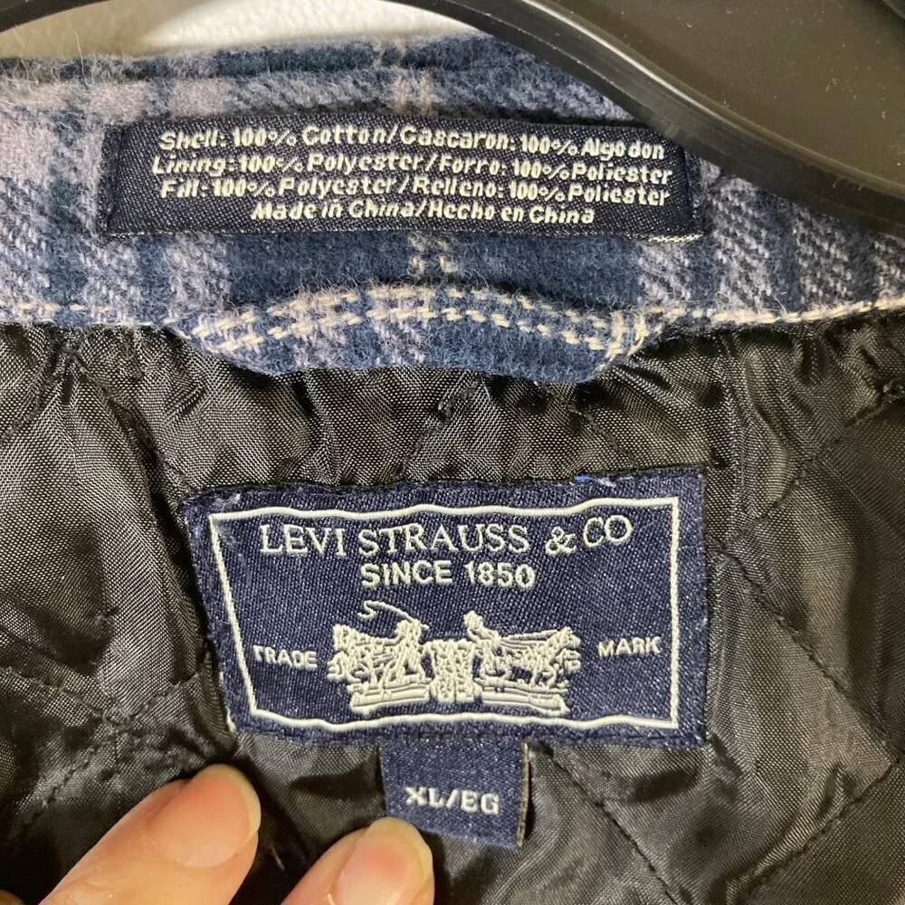 Mens Levis Plaid‎ Insulated Shacket Blue Gray XL Cotton Polyester